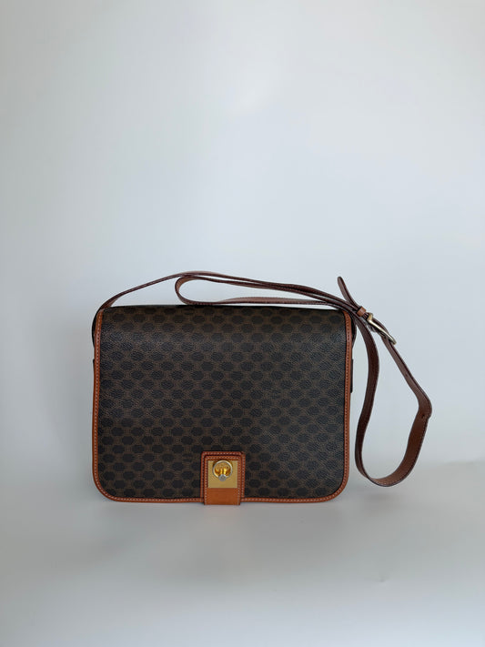 Celine Vintage Macadam Canvas Crossbody Bag Brown Tan
