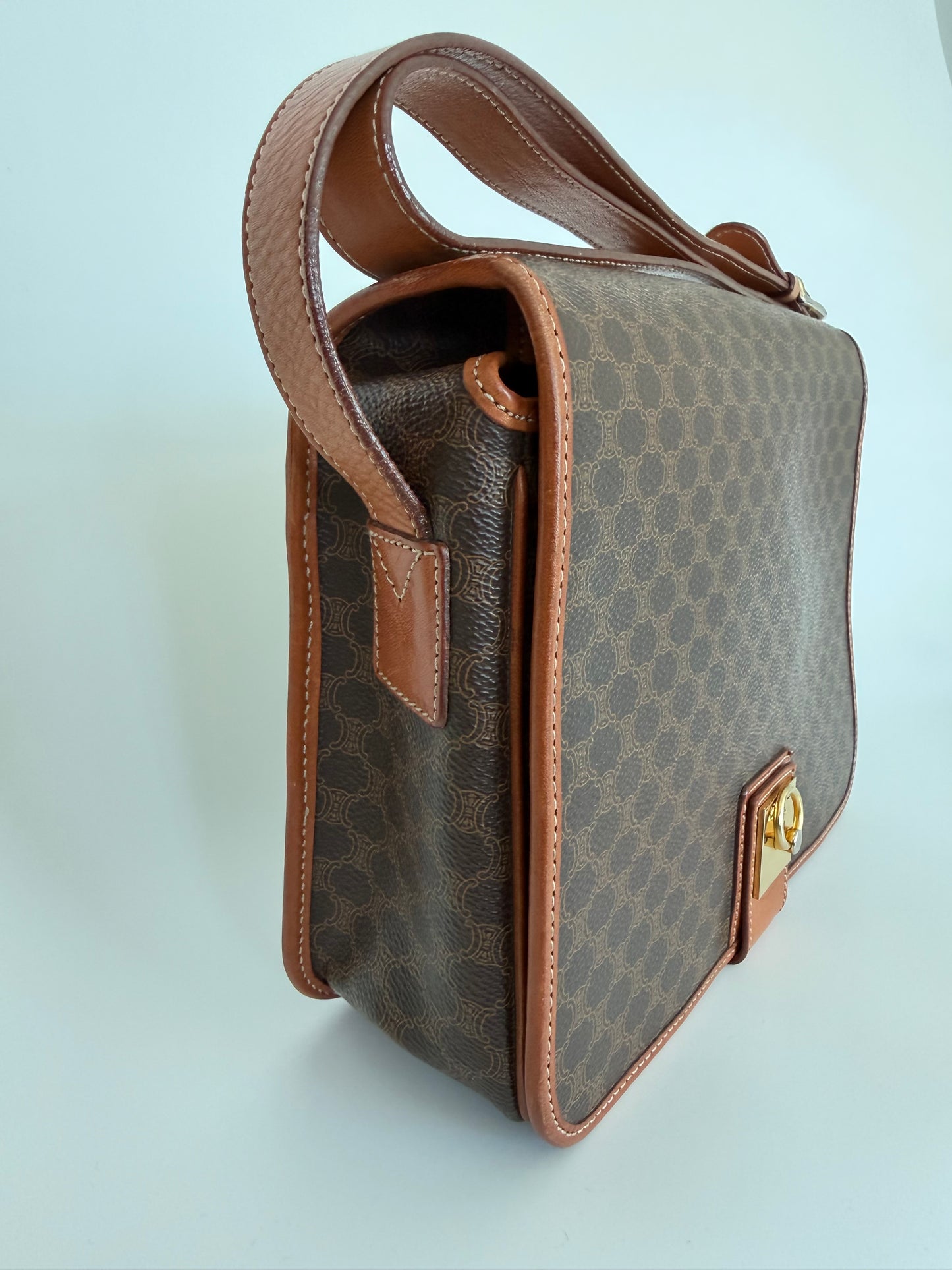 Celine Vintage Macadam Canvas Crossbody Bag Brown Tan
