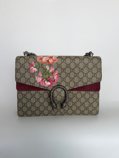 Gucci Dionysus GG Blooms Medium Shoulder Bag – GG Supreme Canvas & Burgundy Suede