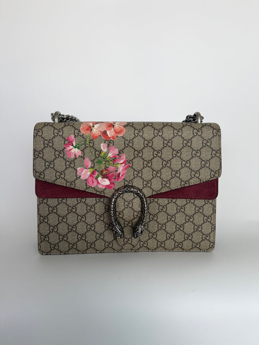 Gucci Dionysus GG Blooms Medium Shoulder Bag – GG Supreme Canvas & Burgundy Suede